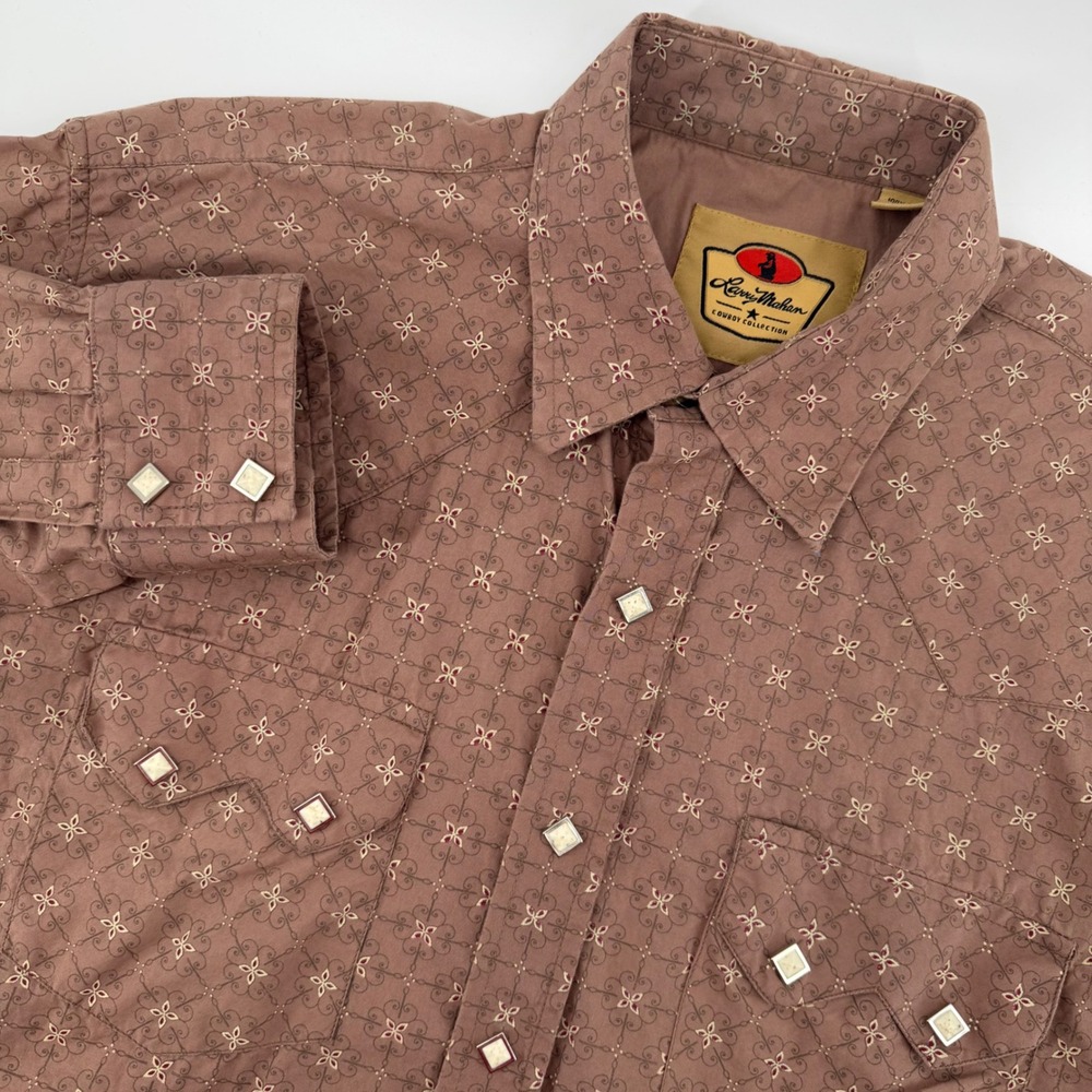 Larry Mahan Long Sleeve Western Shirt Brown Geometric Diamond‎ Pearl Snap Large